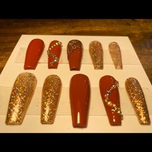 HandMade Red/Gold Glitter Press On Nails Long